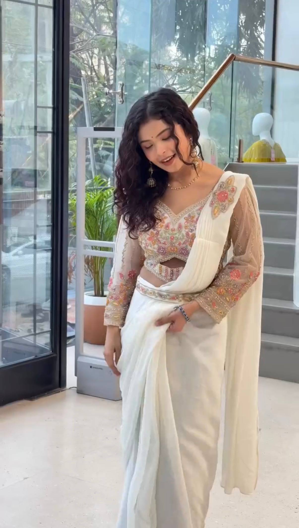 we are launching new superhit trending ready to wear saree with hand work & embroidered stylist blouse & on faux georgette fabric