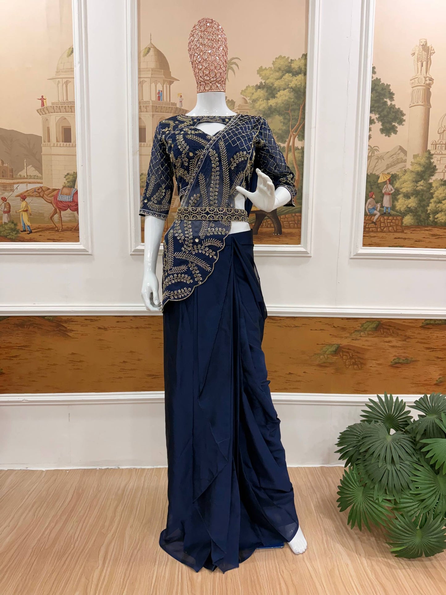we are launching new superhit trending ready to wear saree with semi-beads & embroidered stylist blouse & on faux georgette fabric