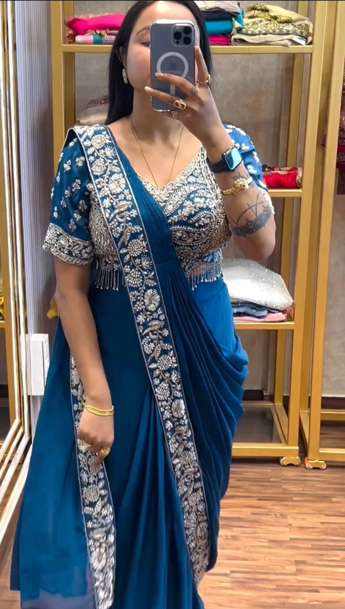 exclusive outfit as ready to wear saree with semi-beads & embroidered stylist blouse & on chinon fabric