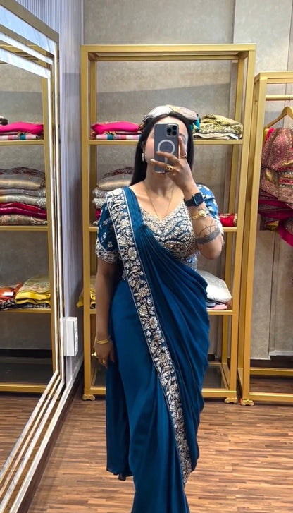 EXCLUSIVE OUTFIT AS READY TO WEAR SAREE WITH SEMI-BEADS & EMBROIDERED STYLIST BLOUSE & ON CHINON FABRIC