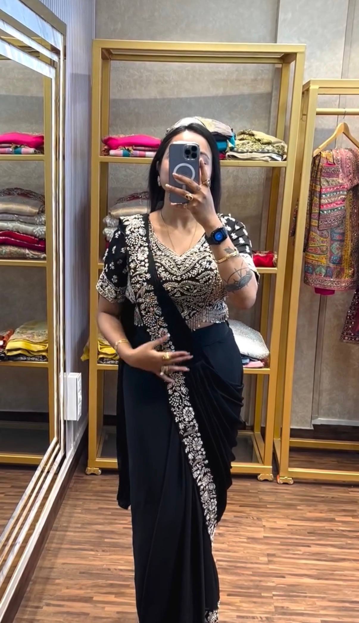 exclusive outfit as ready to wear saree with semi-beads & embroidered stylist blouse & on chinon fabric