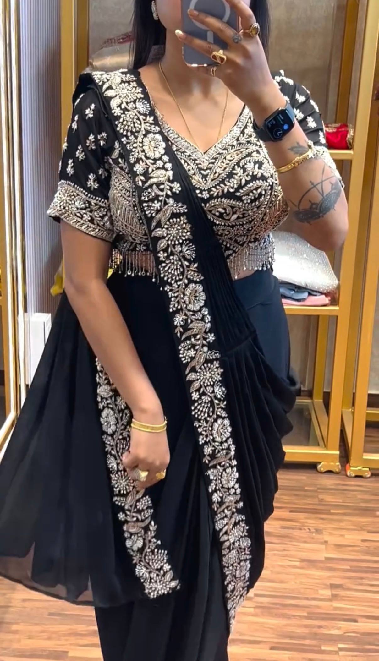 exclusive outfit as ready to wear saree with semi-beads & embroidered stylist blouse & on chinon fabric