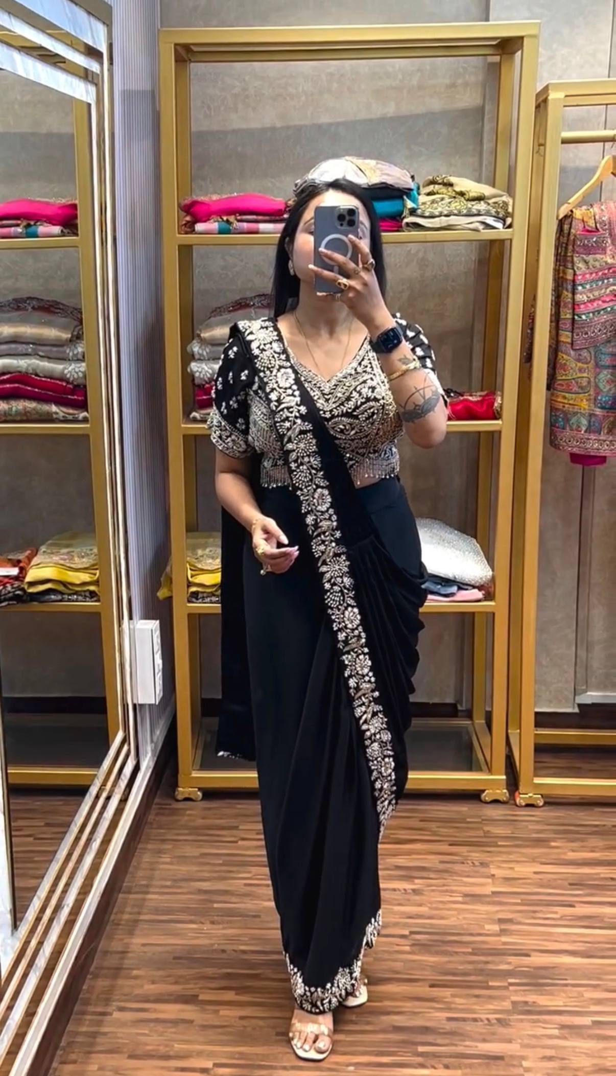 exclusive outfit as ready to wear saree with semi-beads & embroidered stylist blouse & on chinon fabric