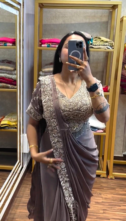 EXCLUSIVE OUTFIT AS READY TO WEAR SAREE WITH SEMI-BEADS & EMBROIDERED STYLIST BLOUSE & ON CHINON FABRIC