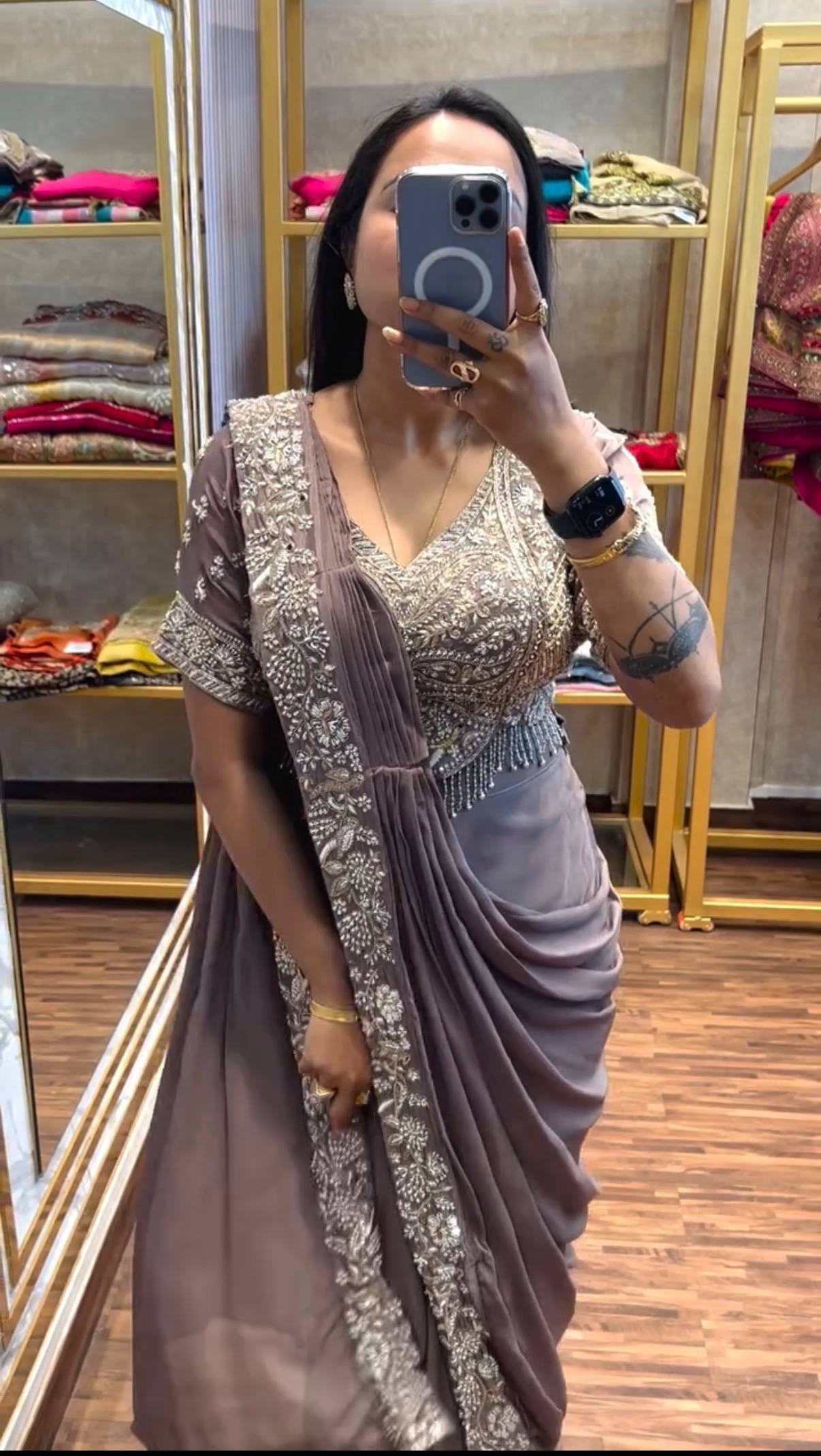 exclusive outfit as ready to wear saree with semi-beads & embroidered stylist blouse & on chinon fabric