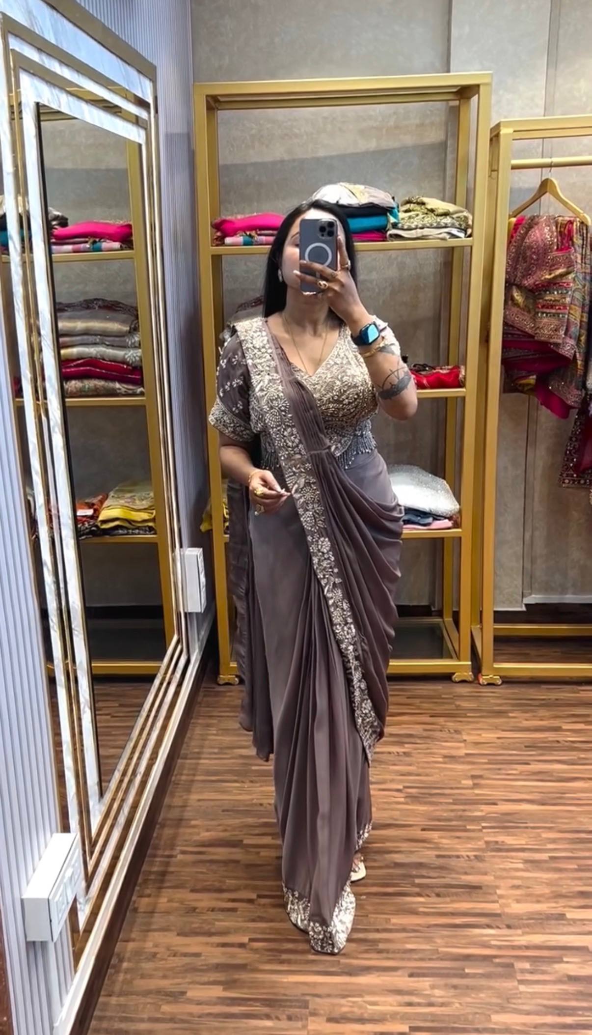 exclusive outfit as ready to wear saree with semi-beads & embroidered stylist blouse & on chinon fabric
