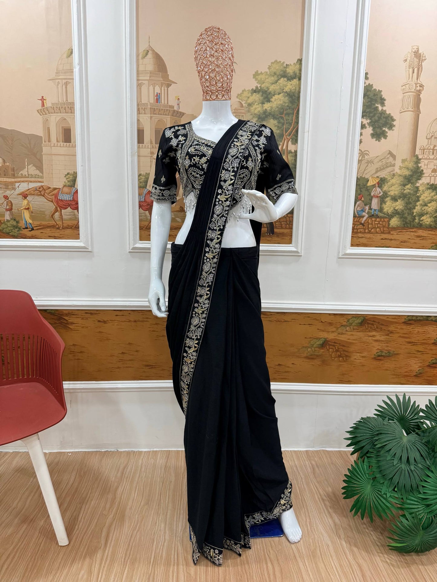 exclusive outfit as ready to wear saree with semi-beads & embroidered stylist blouse & on chinon fabric