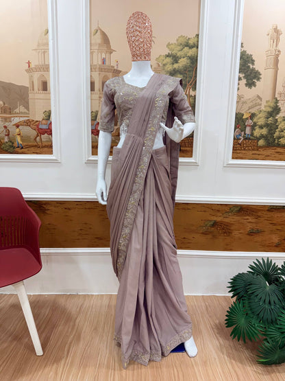 EXCLUSIVE OUTFIT AS READY TO WEAR SAREE WITH SEMI-BEADS & EMBROIDERED STYLIST BLOUSE & ON CHINON FABRIC