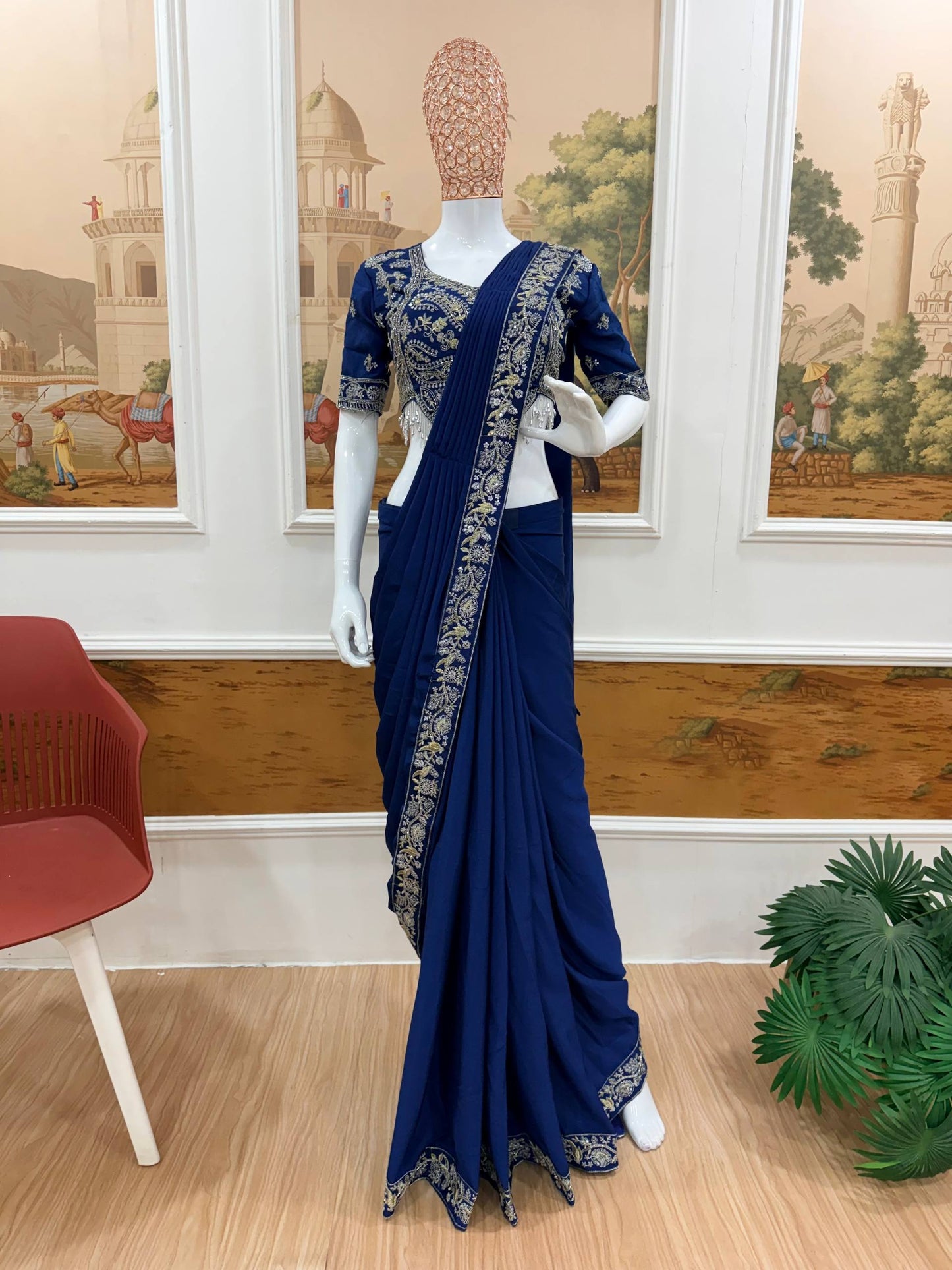 exclusive outfit as ready to wear saree with semi-beads & embroidered stylist blouse & on chinon fabric