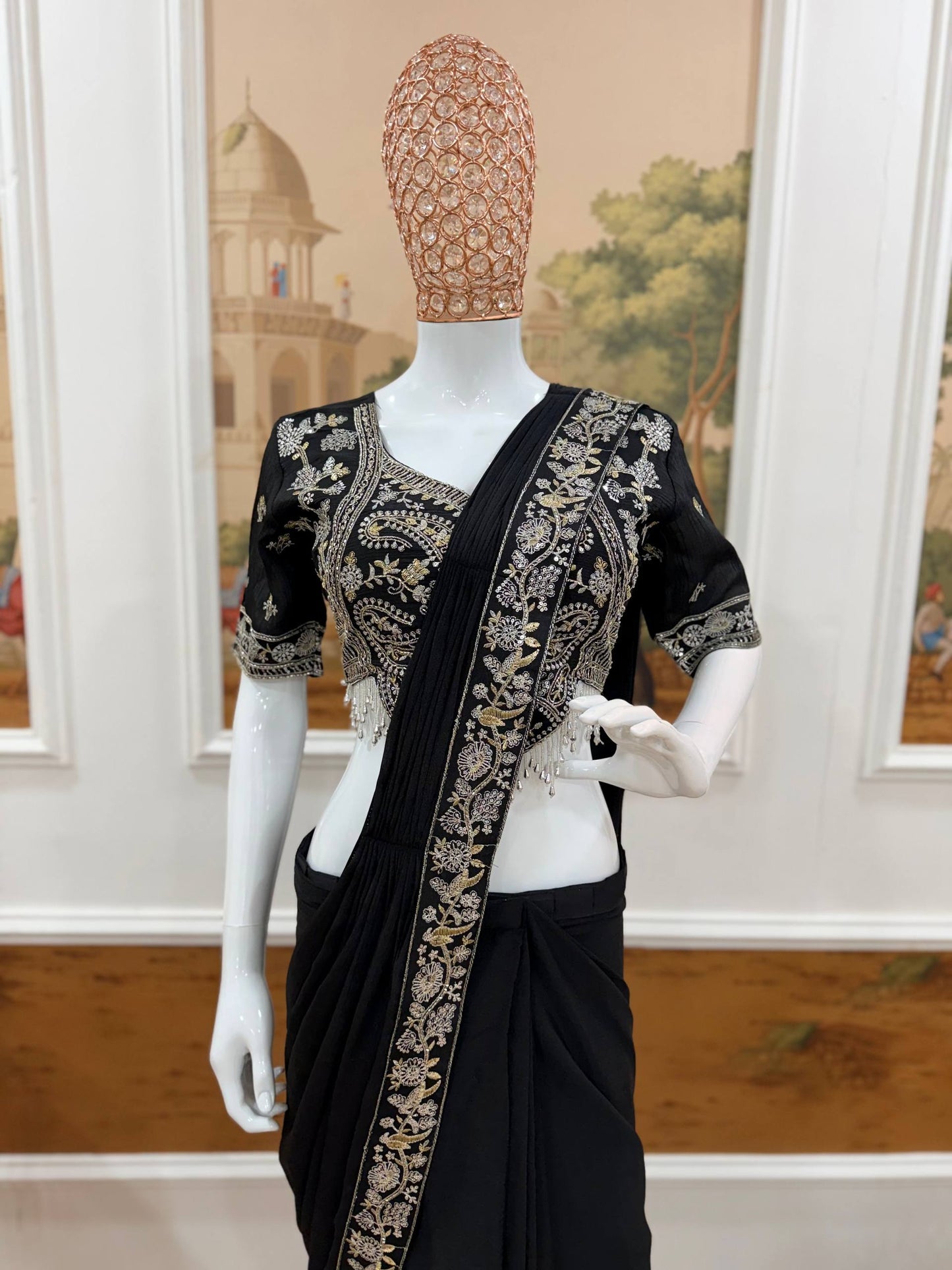 exclusive outfit as ready to wear saree with semi-beads & embroidered stylist blouse & on chinon fabric