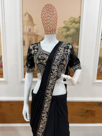EXCLUSIVE OUTFIT AS READY TO WEAR SAREE WITH SEMI-BEADS & EMBROIDERED STYLIST BLOUSE & ON CHINON FABRIC
