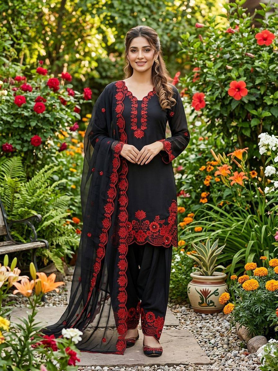 real modling this season wear our sequence embroidery worked top, farsi salwaar with dupatta
