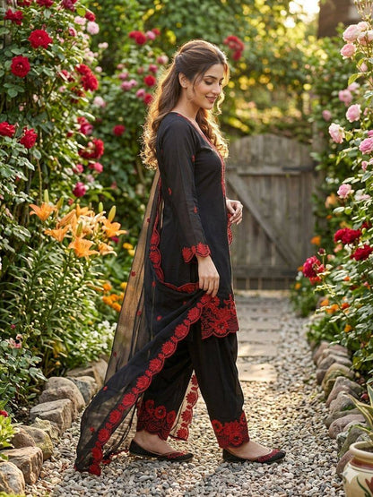 REAL MODLING THIS SEASON WEAR OUR SEQUENCE EMBROIDERY WORKED TOP, FARSI SALWAAR WITH DUPATTA