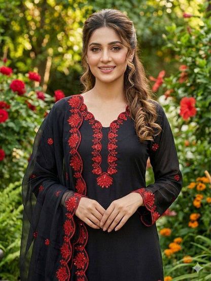REAL MODLING THIS SEASON WEAR OUR SEQUENCE EMBROIDERY WORKED TOP, FARSI SALWAAR WITH DUPATTA
