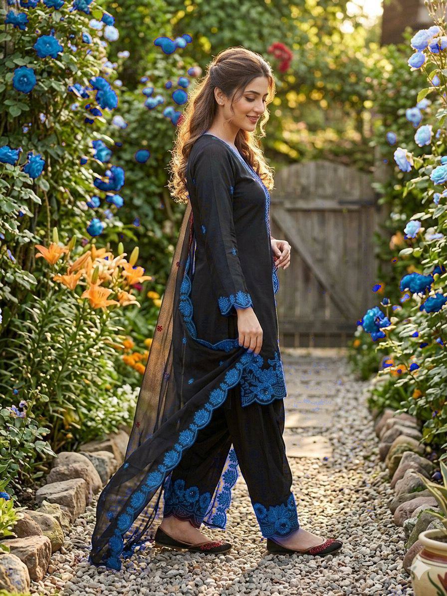 real modling this season wear our sequence embroidery worked top, farsi salwaar with dupatta