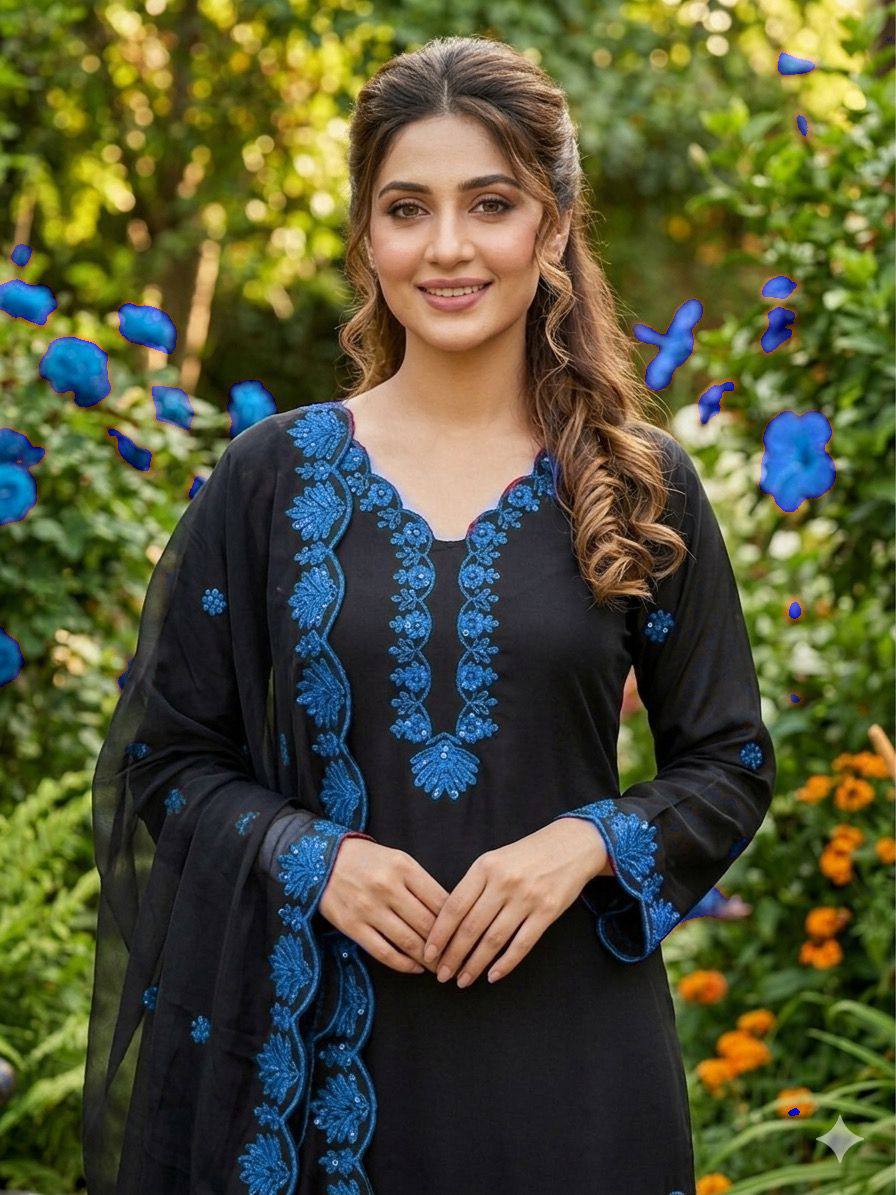 real modling this season wear our sequence embroidery worked top, farsi salwaar with dupatta