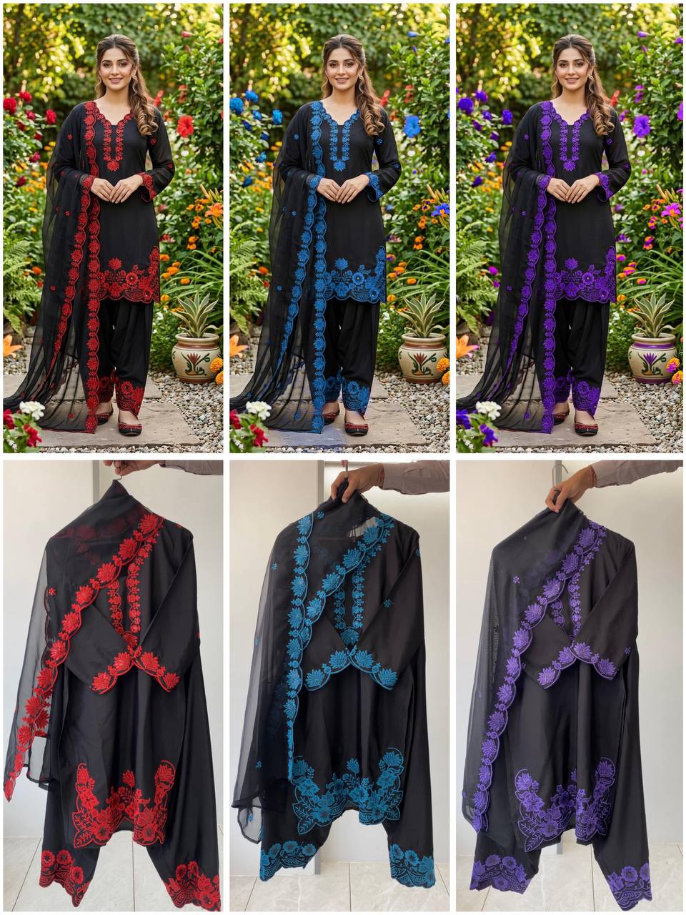 real modling this season wear our sequence embroidery worked top, farsi salwaar with dupatta