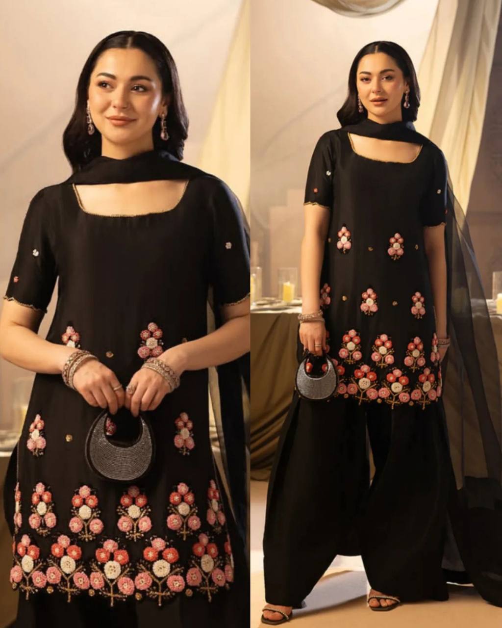 hania amir inspired this session sequence embroidery worked top, farsi salwaar with dupatta