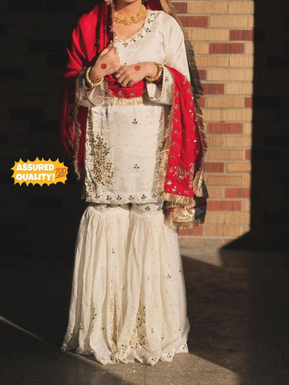 DESIGNER AND ELEGANCE SARARA SUIT IN THREE PIECE WITH REAL MIRROR AND SEQUENCE EMBROIDERY WORK
