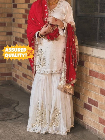 DESIGNER AND ELEGANCE SARARA SUIT IN THREE PIECE WITH REAL MIRROR AND SEQUENCE EMBROIDERY WORK