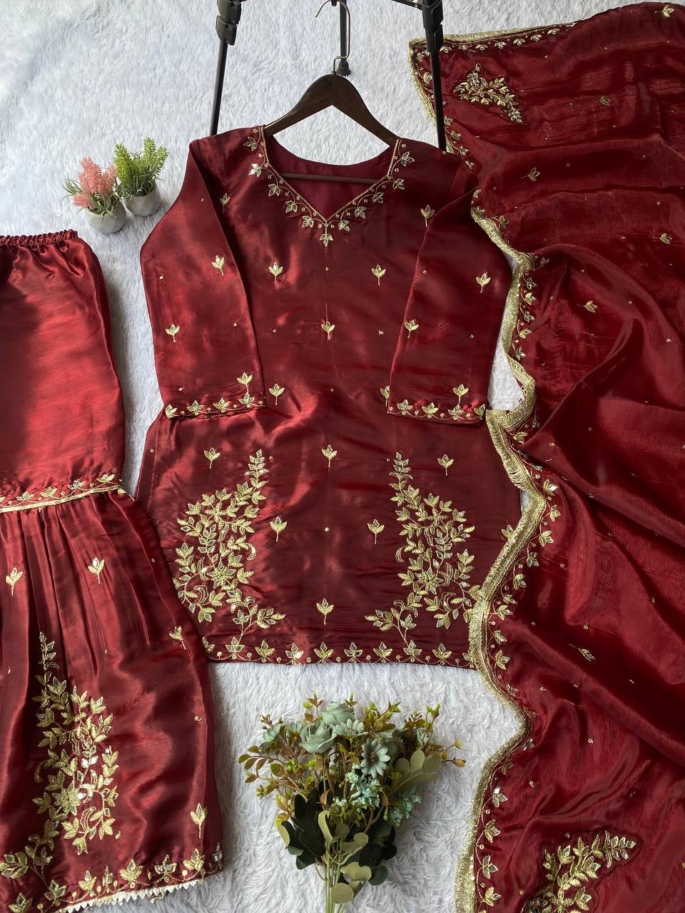 designer and elegance sarara suit in three piece with real mirror and sequence embroidery work