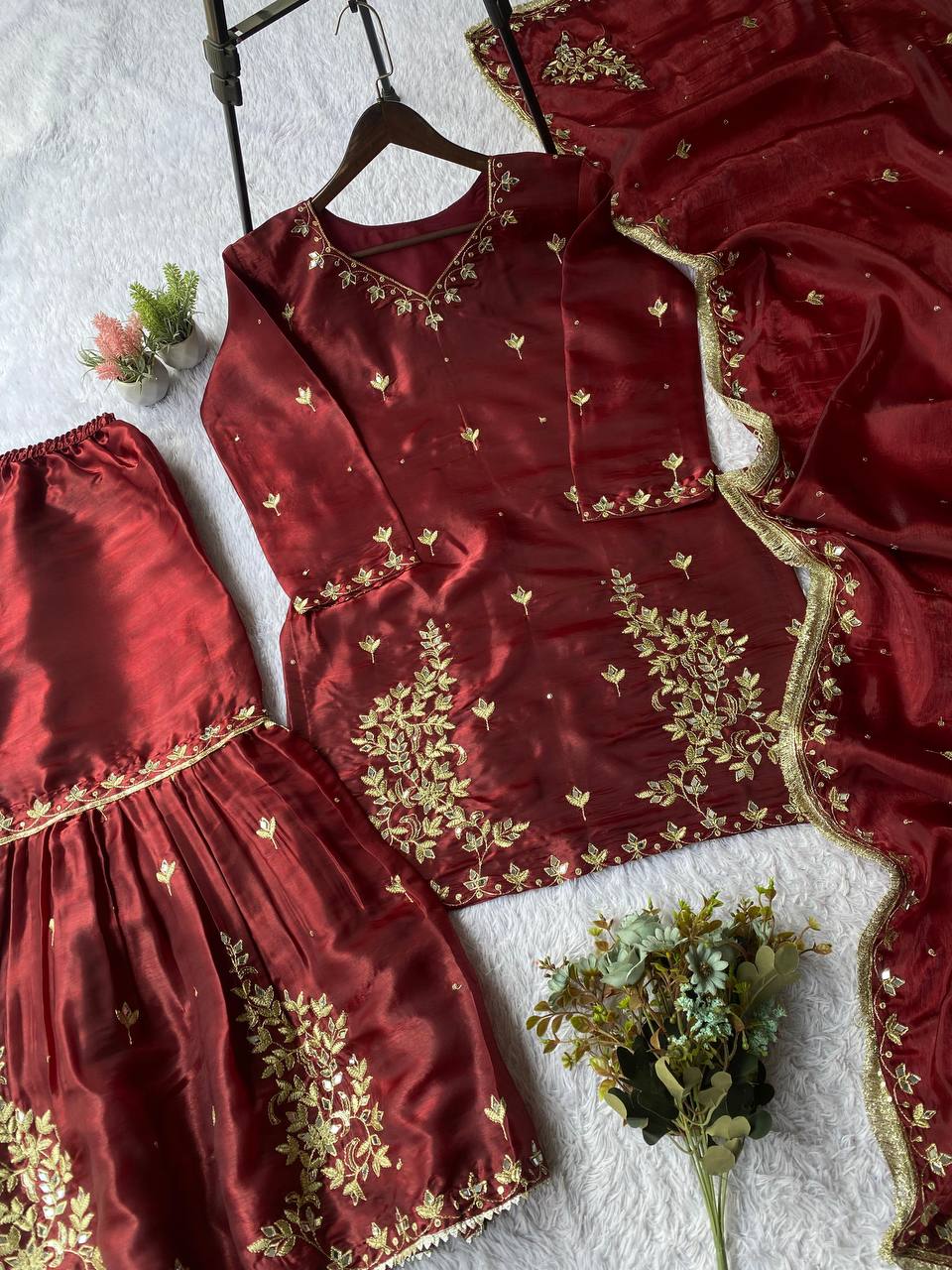 designer and elegance sarara suit in three piece with real mirror and sequence embroidery work
