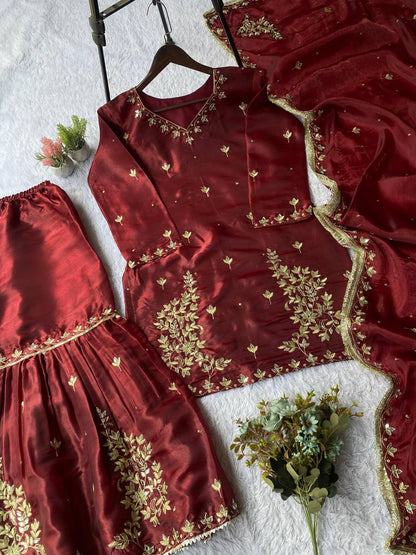 DESIGNER AND ELEGANCE SARARA SUIT IN THREE PIECE WITH REAL MIRROR AND SEQUENCE EMBROIDERY WORK