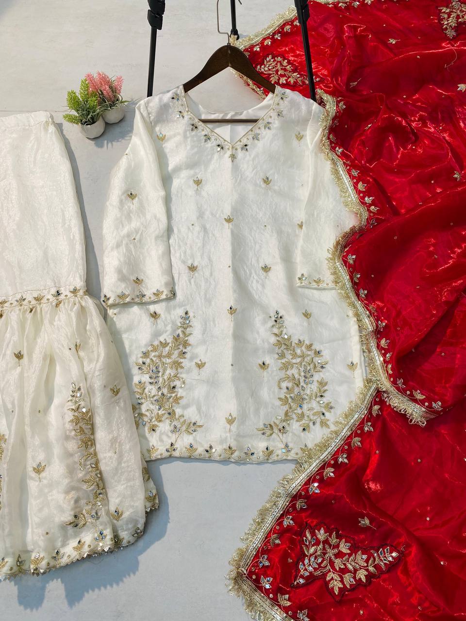 designer and elegance sarara suit in three piece with real mirror and sequence embroidery work