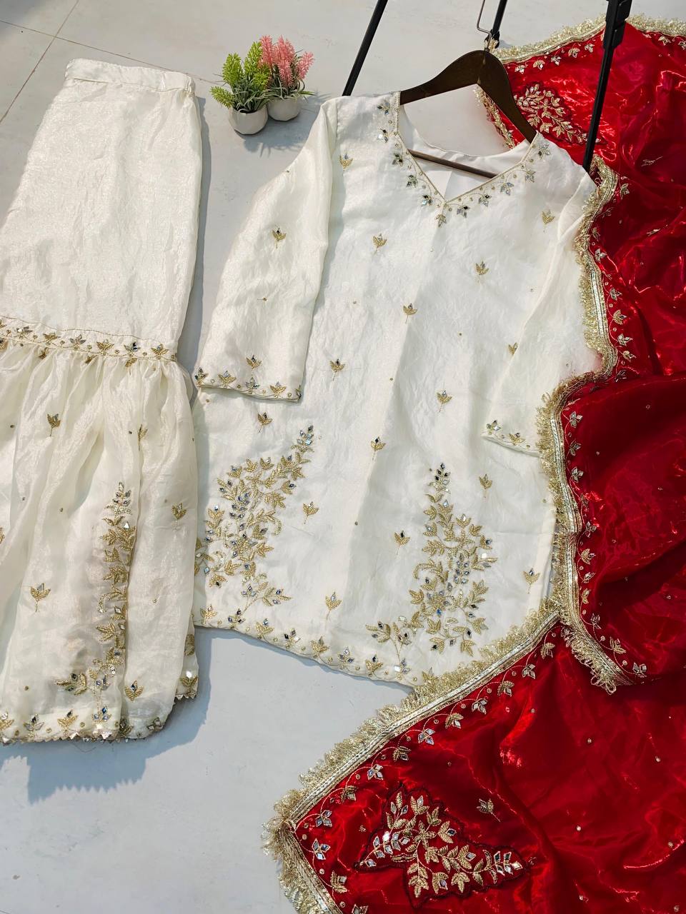designer and elegance sarara suit in three piece with real mirror and sequence embroidery work
