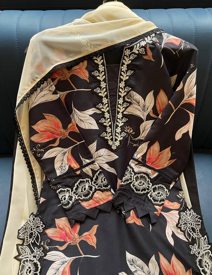 HANIA AMIR INSPIRED SUMMER SEASON WEAR PAKISTANI SUIT WITH EMBROIDERED TOP, PLAZZO AND DUPATTA