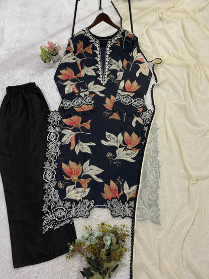 HANIA AMIR INSPIRED SUMMER SEASON WEAR PAKISTANI SUIT WITH EMBROIDERED TOP, PLAZZO AND DUPATTA