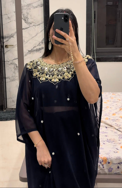 EXCLUSIVE 2 STYLES HAND WORKED, DRAPE SAREE ON FAUX GEORGETTE FABRIC WITH STITCHED BLOUSE