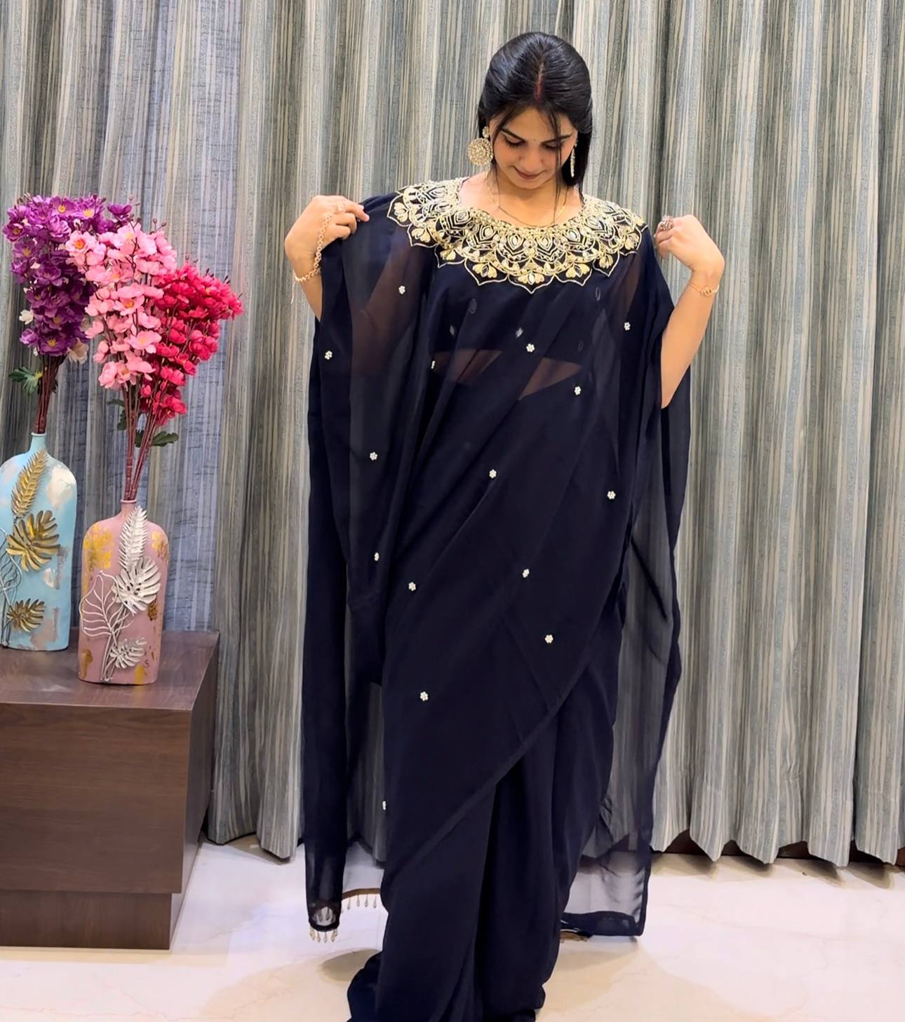 exclusive 2 styles hand worked, drape saree on faux georgette fabric with stitched blouse