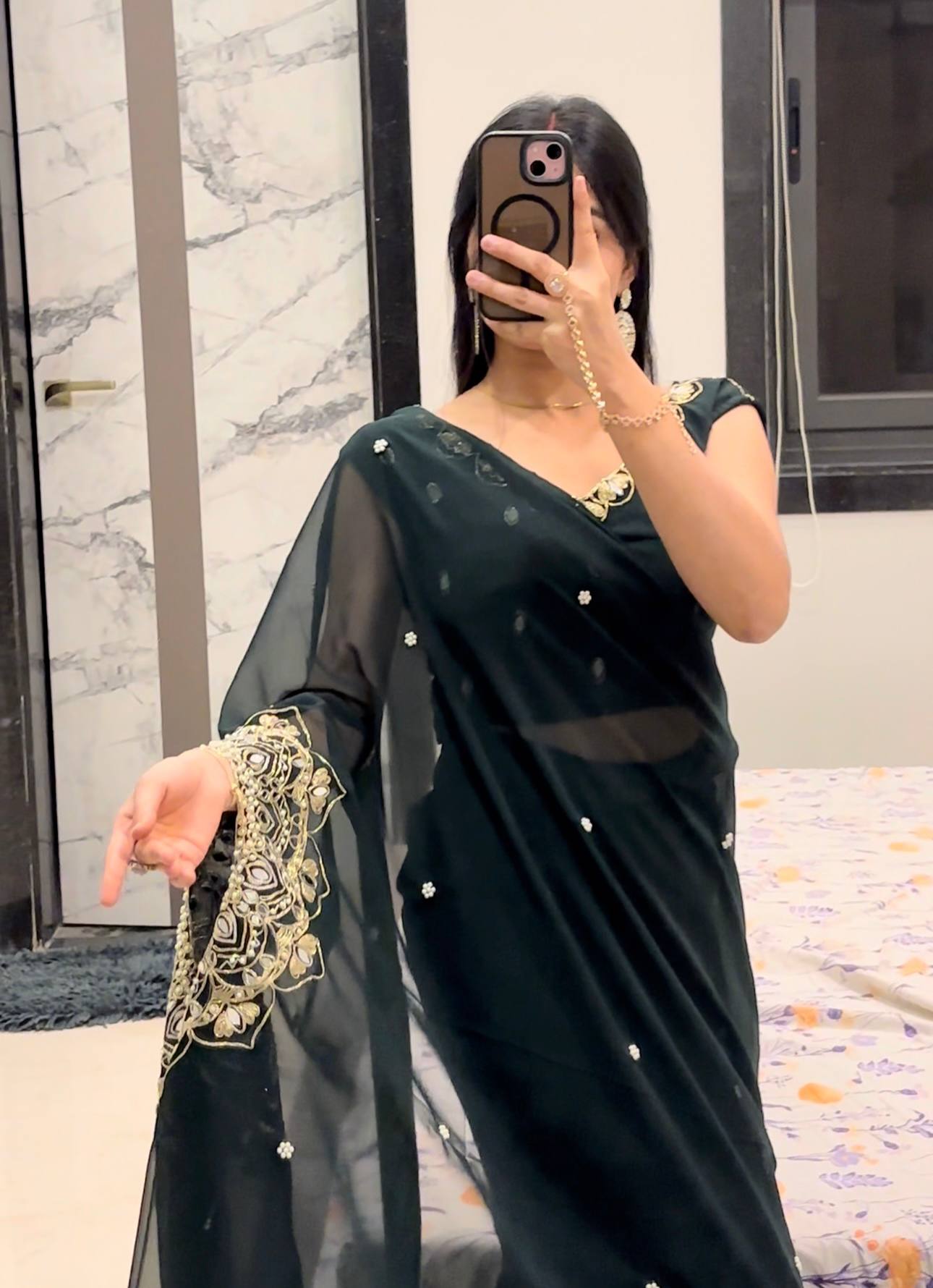 exclusive 2 styles hand worked, drape saree on faux georgette fabric with stitched blouse