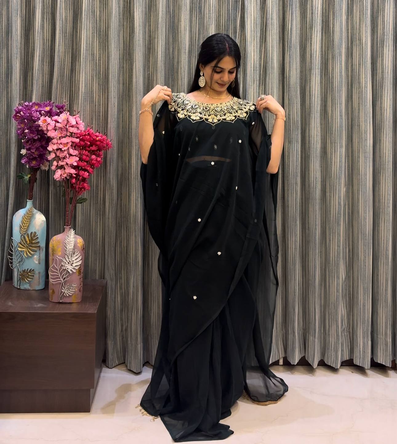 exclusive 2 styles hand worked, drape saree on faux georgette fabric with stitched blouse