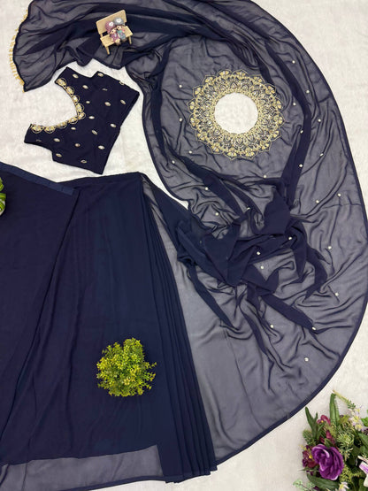 EXCLUSIVE 2 STYLES HAND WORKED, DRAPE SAREE ON FAUX GEORGETTE FABRIC WITH STITCHED BLOUSE