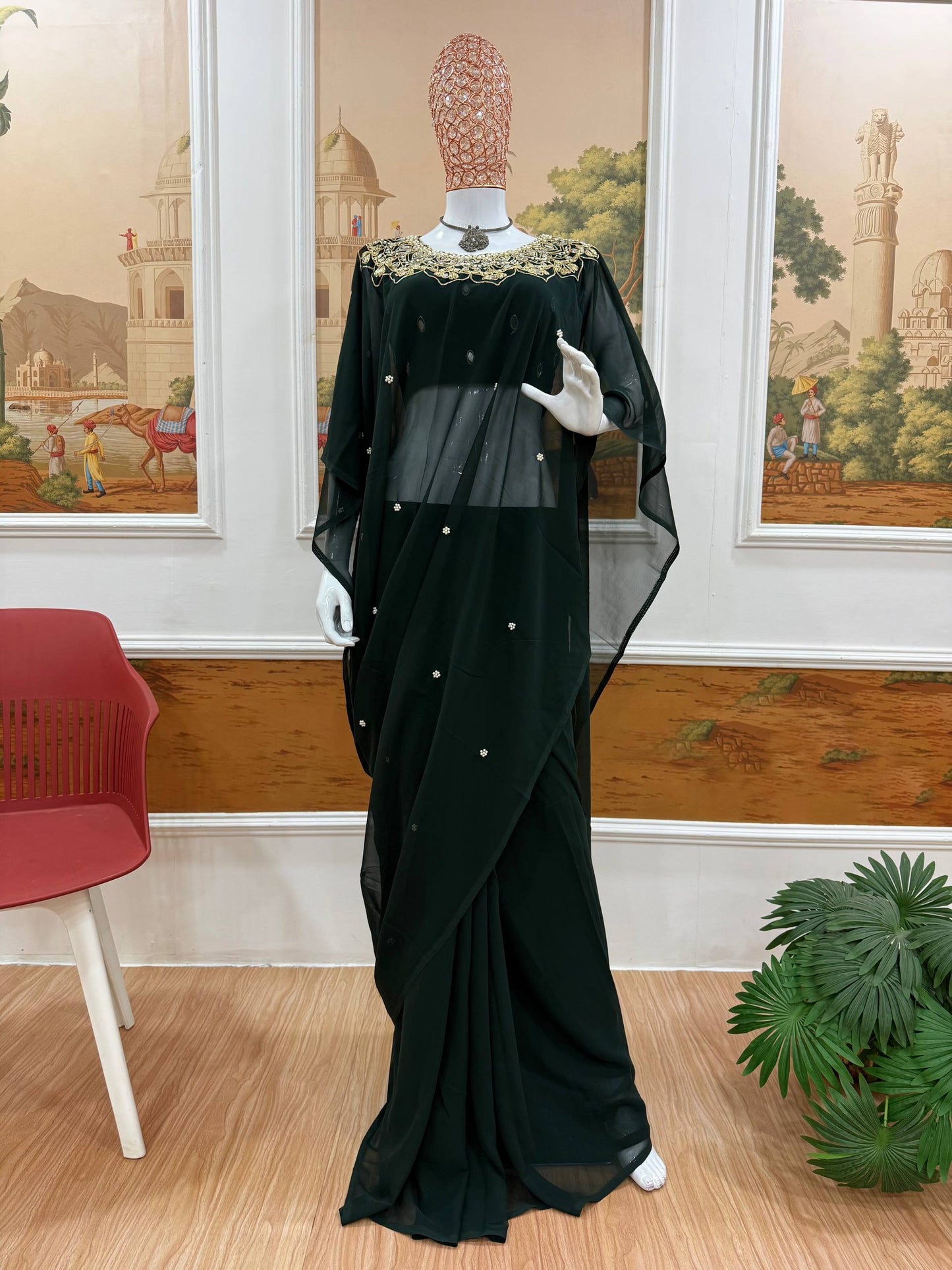 exclusive 2 styles hand worked, drape saree on faux georgette fabric with stitched blouse