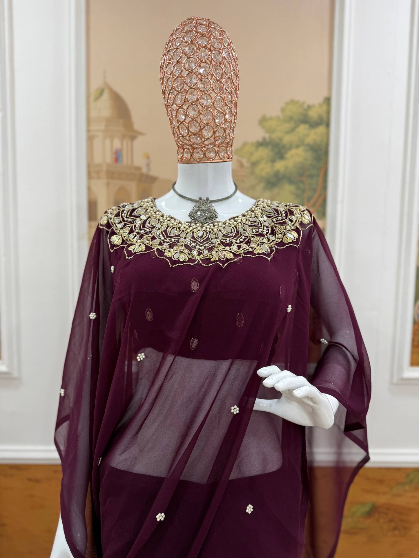 exclusive 2 styles hand worked, drape saree on faux georgette fabric with stitched blouse