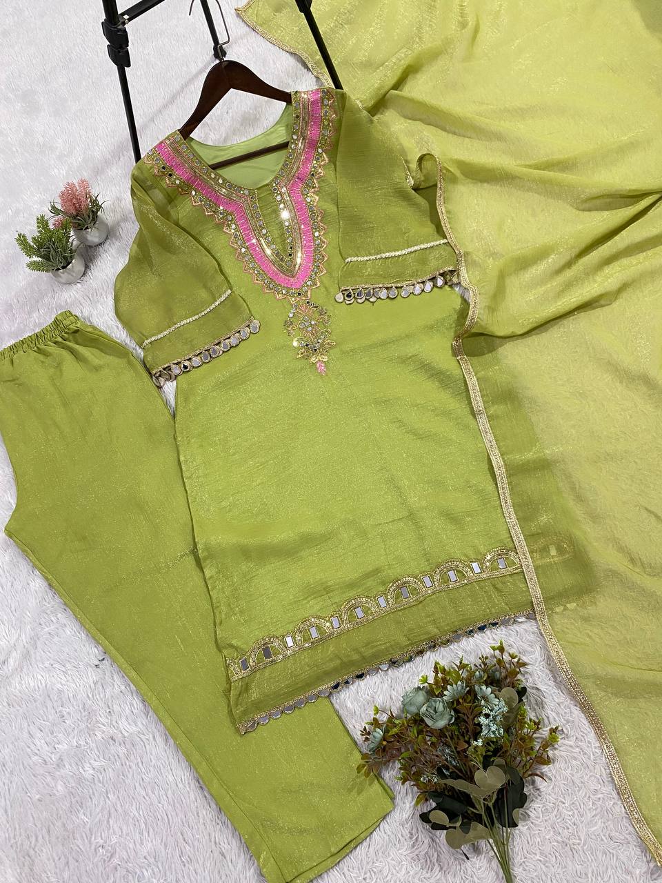 this season wear our sequence embroidery and real mirror worked top, pant with dupatta