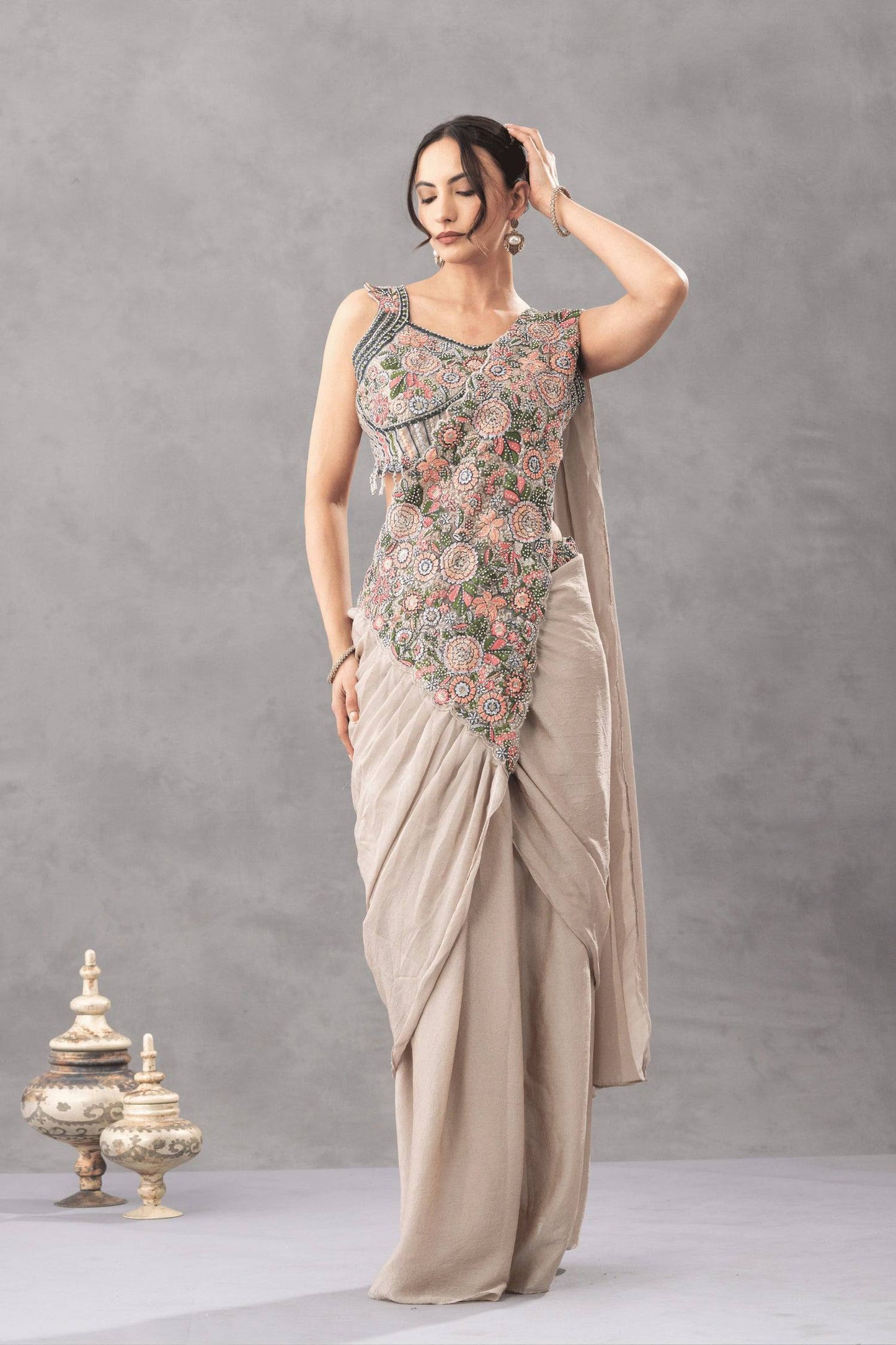 we are launching new superhit trending ready to wear saree with embroidered stylist blouse on chinon fabric
