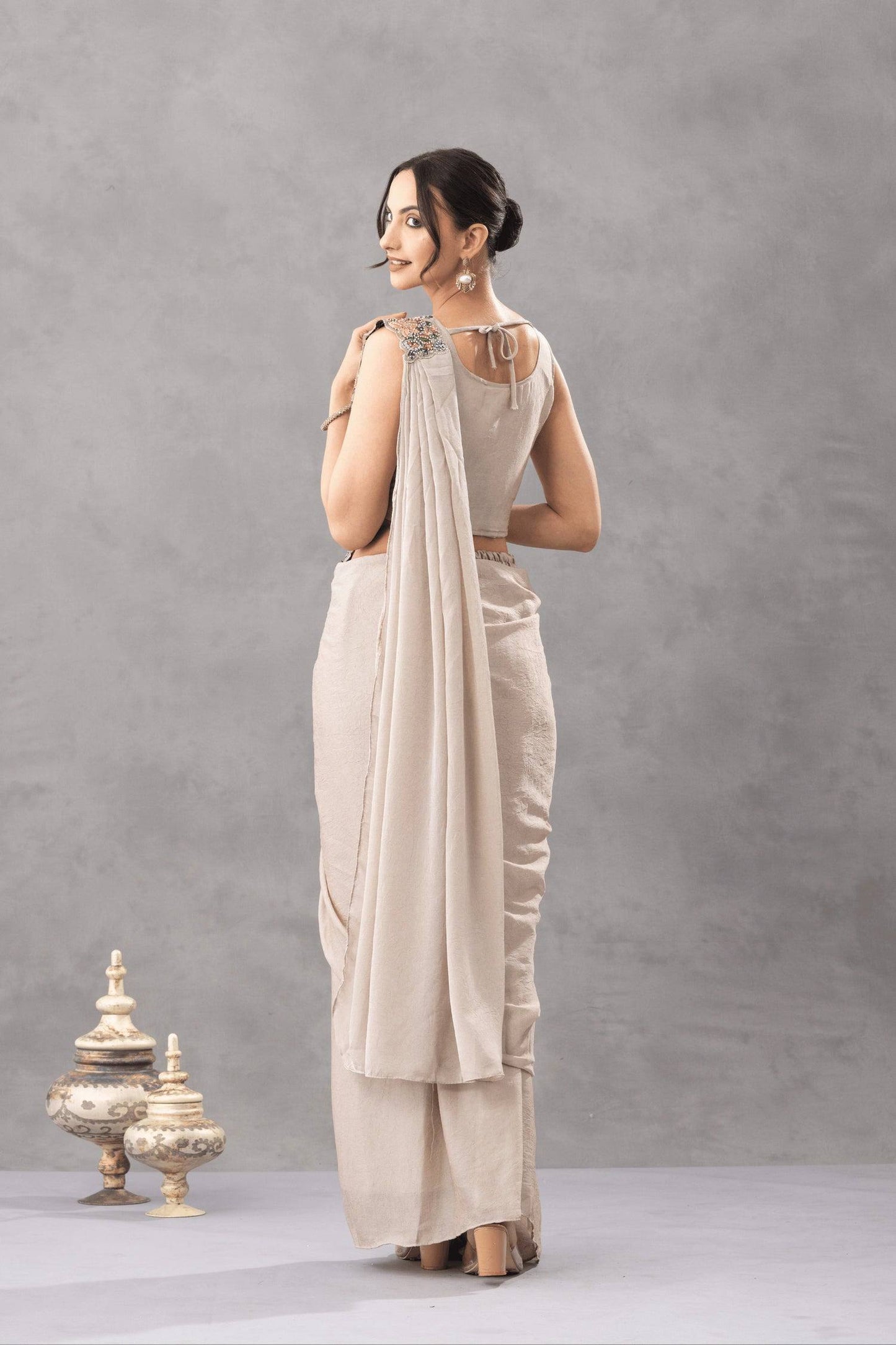 we are launching new superhit trending ready to wear saree with embroidered stylist blouse on chinon fabric