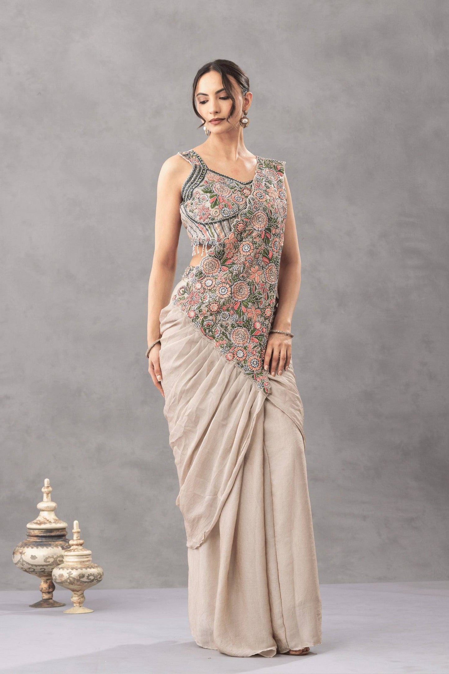 we are launching new superhit trending ready to wear saree with embroidered stylist blouse on chinon fabric