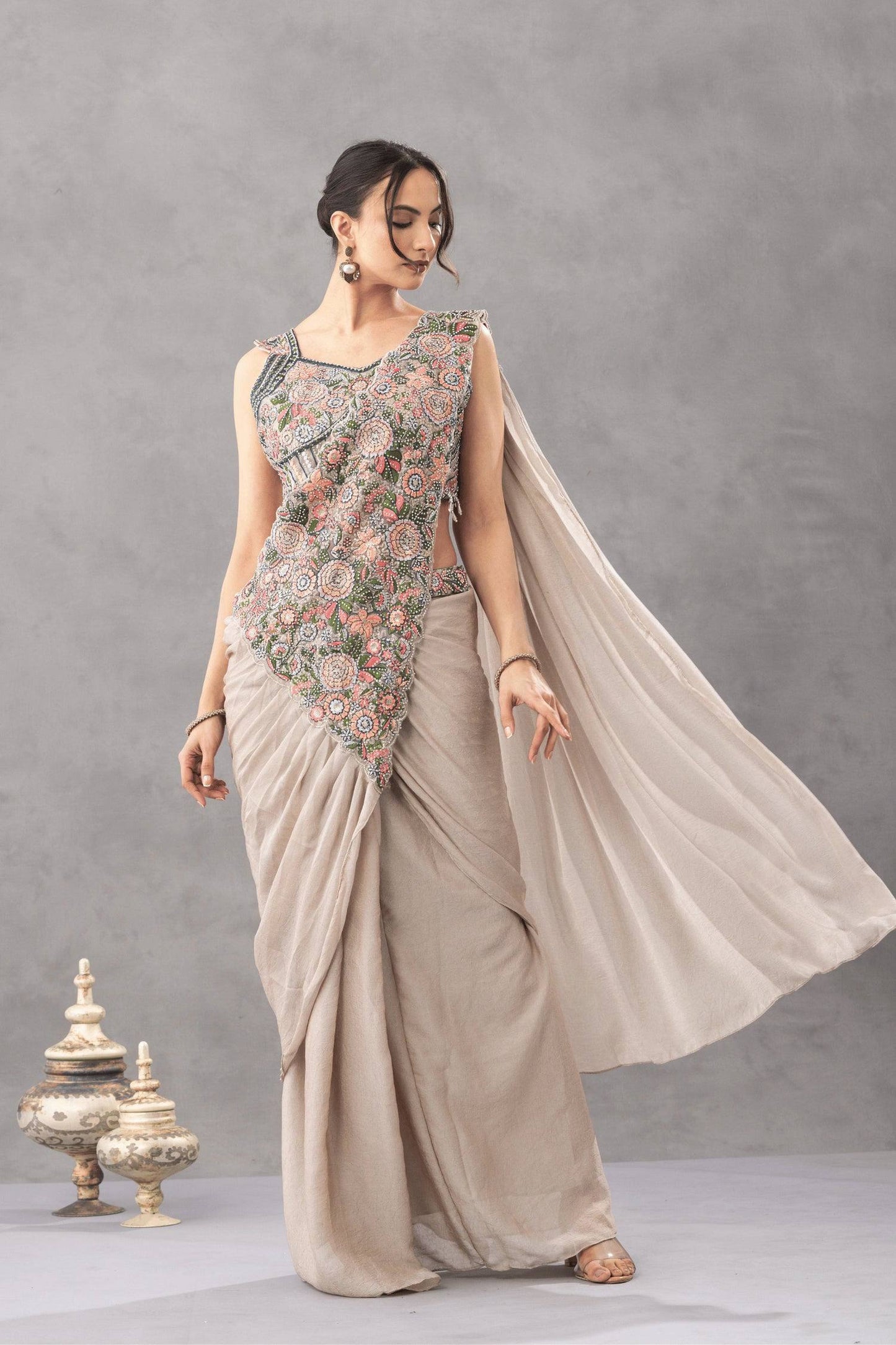 we are launching new superhit trending ready to wear saree with embroidered stylist blouse on chinon fabric