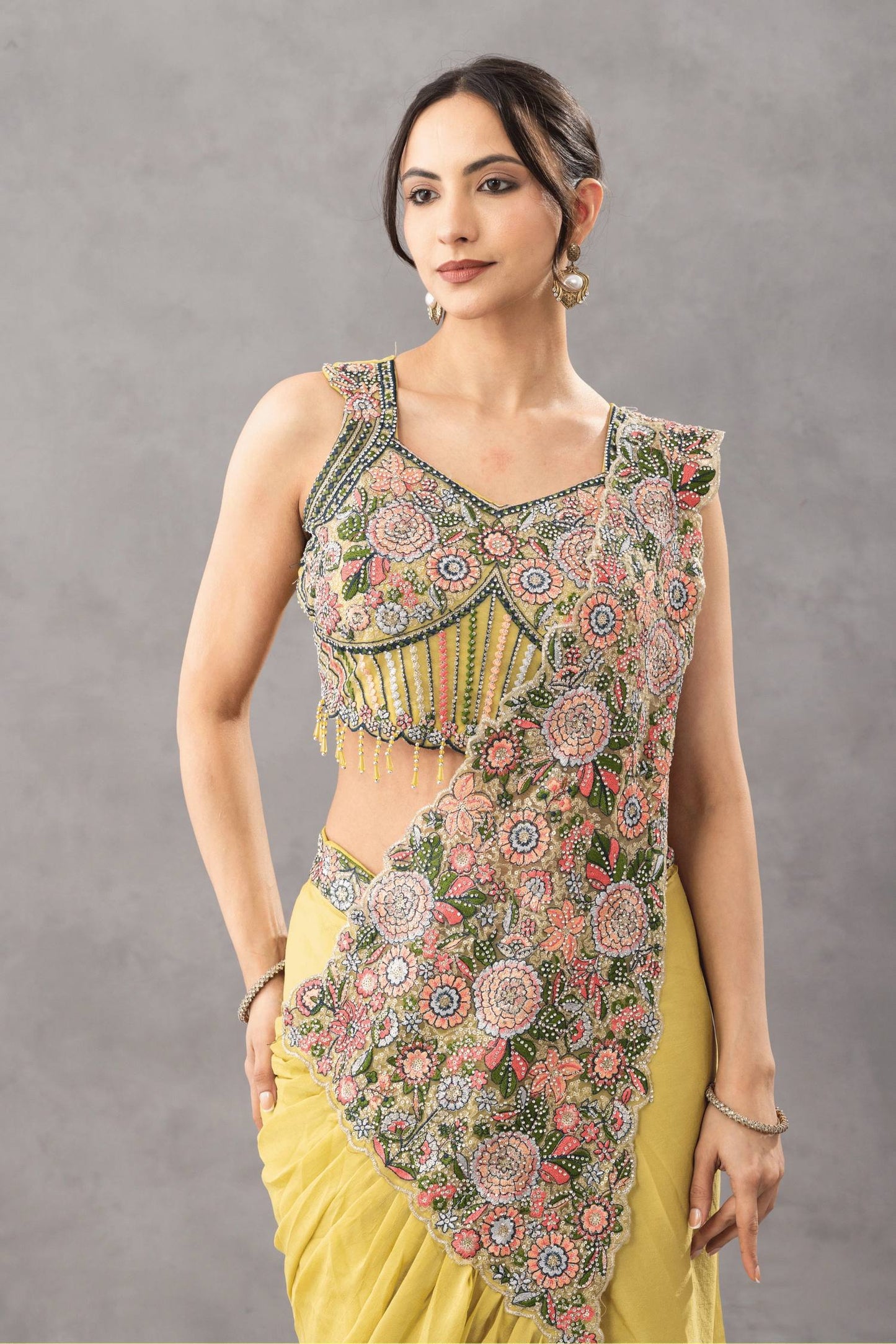 we are launching new superhit trending ready to wear saree with embroidered stylist blouse on chinon fabric