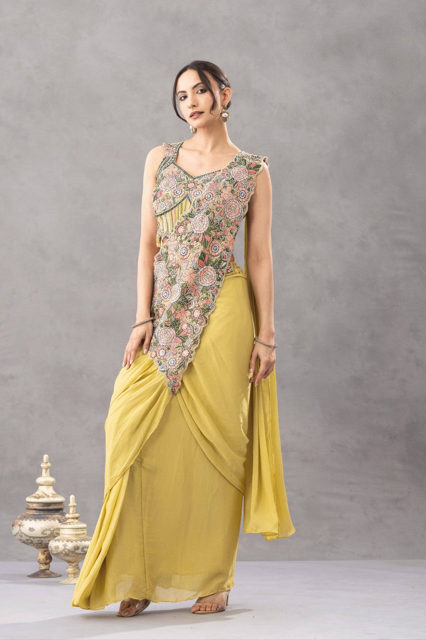 we are launching new superhit trending ready to wear saree with embroidered stylist blouse on chinon fabric