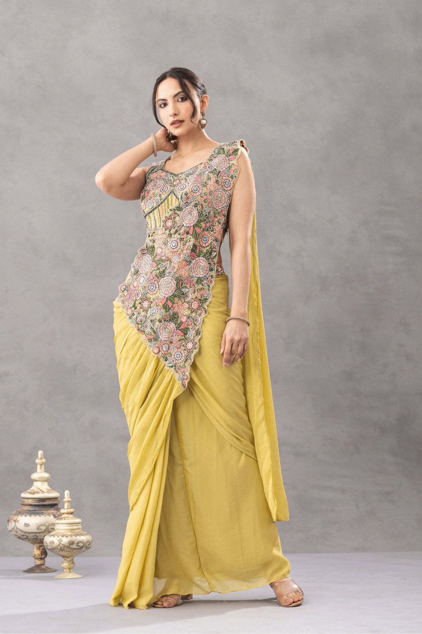 we are launching new superhit trending ready to wear saree with embroidered stylist blouse on chinon fabric