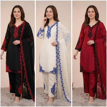 HANIA AMIR INSPIRED THIS SUMMER SEASON WEAR PAKISTANI SUIT WITH EMBROIDERED TOP, PLAZZO AND DUPATTA