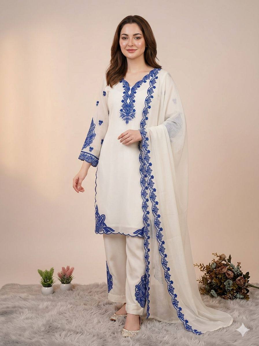 hania amir inspired this summer season wear pakistani suit with embroidered top, plazzo and dupatta