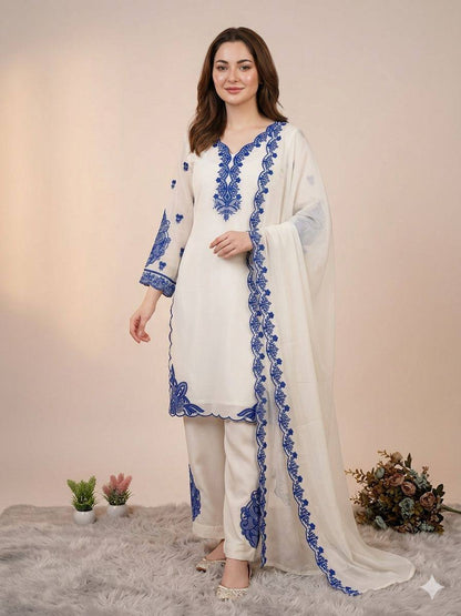 HANIA AMIR INSPIRED THIS SUMMER SEASON WEAR PAKISTANI SUIT WITH EMBROIDERED TOP, PLAZZO AND DUPATTA