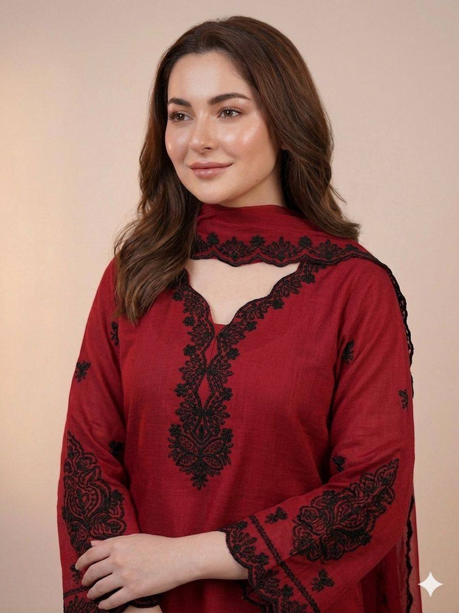 hania amir inspired this summer season wear pakistani suit with embroidered top, plazzo and dupatta